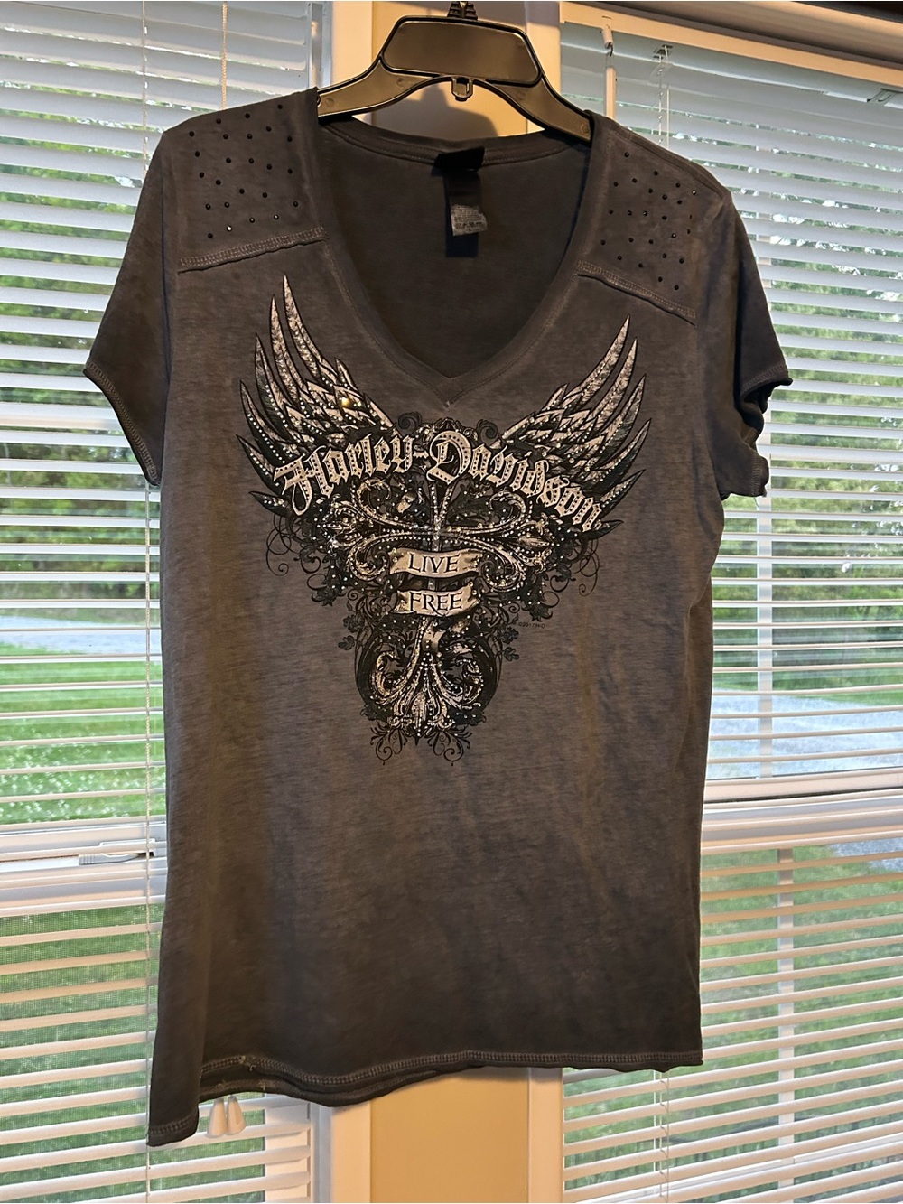 Harley-Davidson Charcoal Gray V-Neck Tee with Winged Graphic